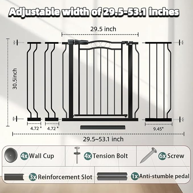 Baby Gate for Stairs 29.53"-53.1" Extra Wide, Pressure Mounted Dog Gate Indoor, Walk Thru Pet Gate for Cat Dog Child,Pet Gates for The House Doorway Black