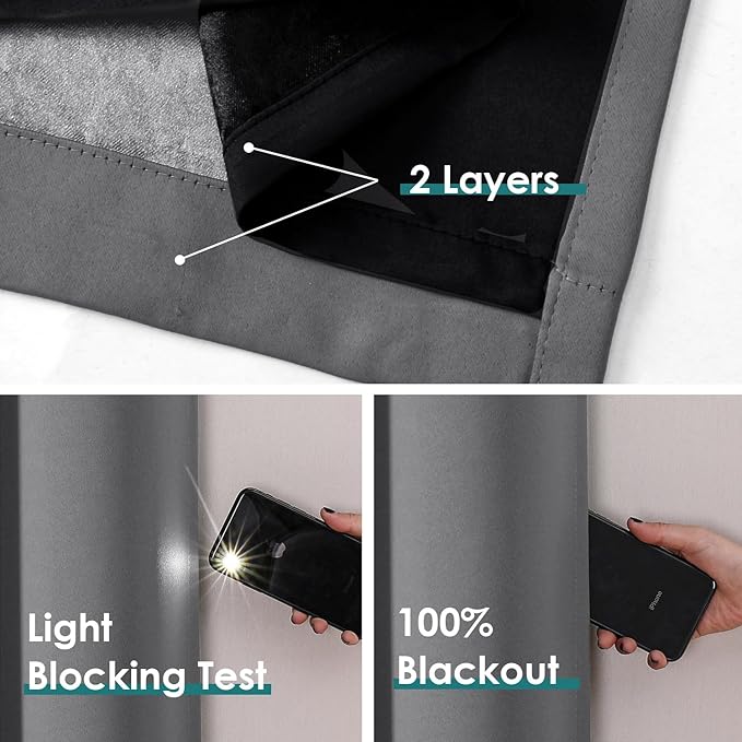 ChrisDowa 100% Blackout Curtains 78 inch Long for Bedroom with Black Liner, 2 Thick Layers Total Blackout Thermal Insulated Grommet Window Curtains 2 Panels Set (Grey, 42 x 78 Inch)