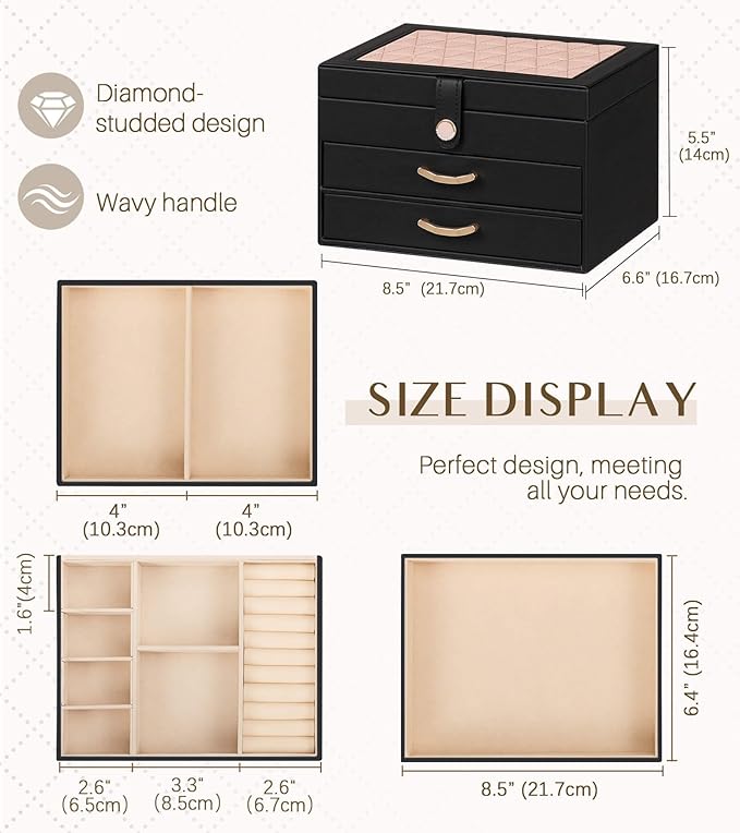 Black Jewelry Box Organizer: Home Decor for Women - 2-Drawer Holder for Valentine’s Day Birthday Christmas Black Pink