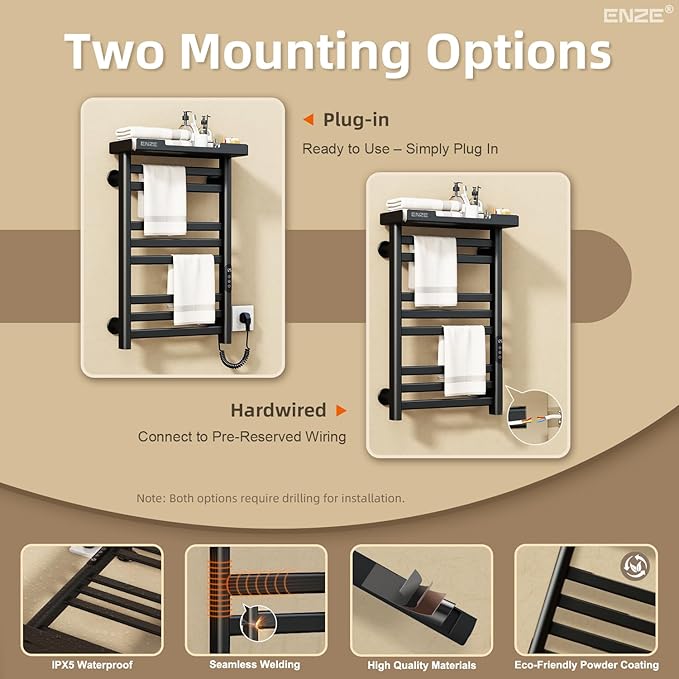 ENZE Heated Towel Rack with Shelf and Wi-Fi App Control, 8 Bars Electric Wall Mounted Towel Warmer with Timer & Adjustable Temperature, Low Carbon Steel, Plug-in/Hardwired, Matte Black