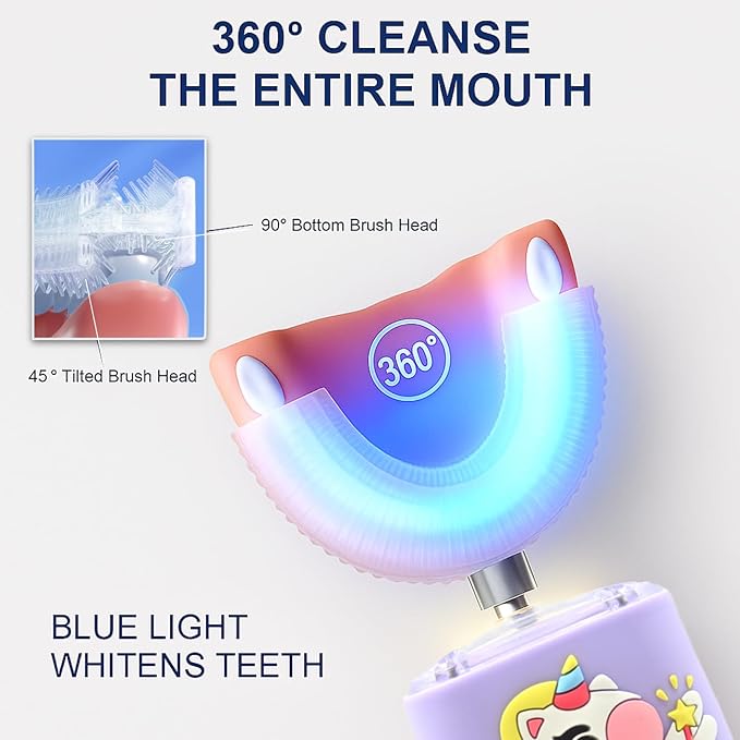 Kids Electric Toothbrush U Shaped Toddler Auto Sonic Toothbrushes with 5 Brush Head, Cartoon Unicorn Ultrasonic 360 Full Mouth Cleaning Automatic Toothbrushes for Children 2-7 Years