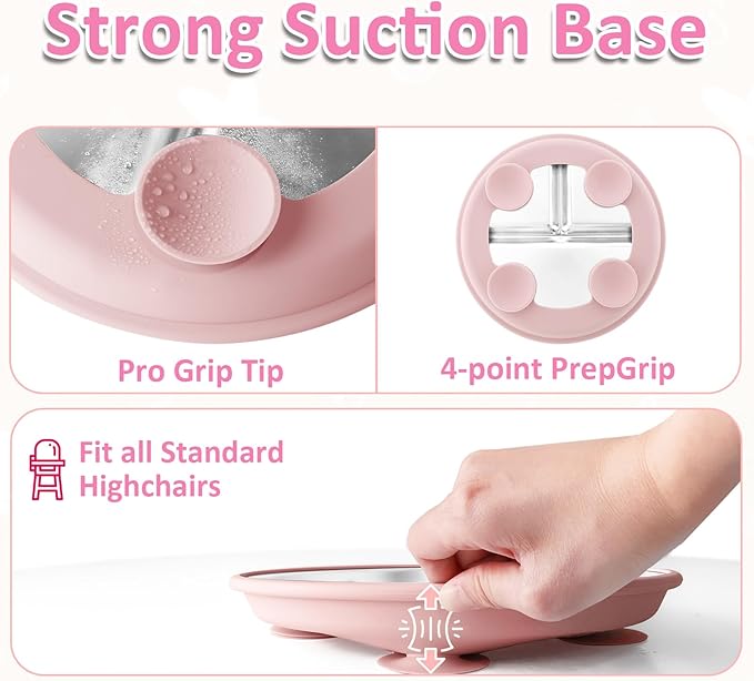 Stainless Steel Suction Plates for Toddlers, 9" Divided Kids Baby Plates with Removable Silicone Suction, Non Toxic Non Slip Portion Control Snack Dishes 4 Packs, Blue Green Gray Pink