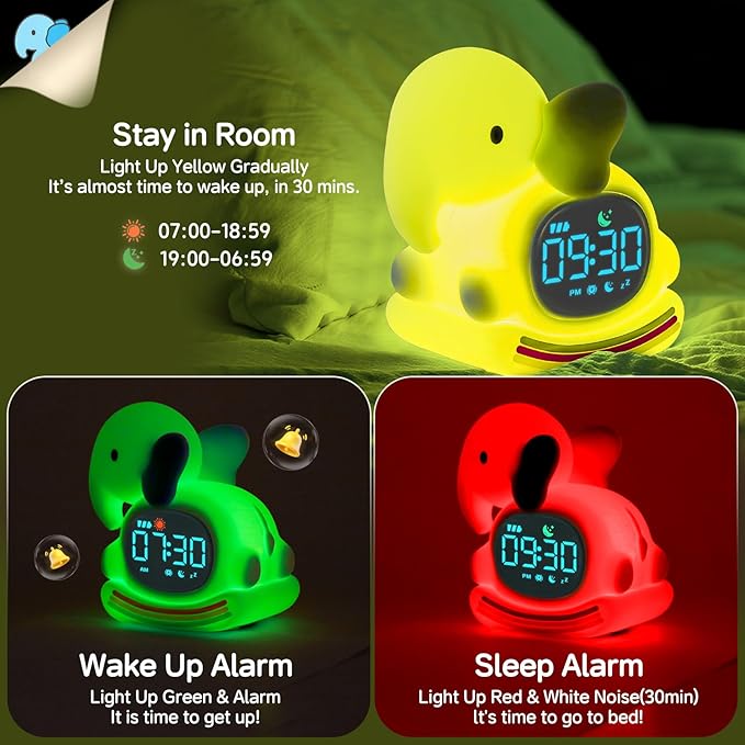 Alarm Clock for Kids with Night Light, Sleep Training Clock Time to Wake Clock, Rechargeable Silicone Light for Bedroom, Perfect Sleep Companion for Boys Girls，Blue Elephant