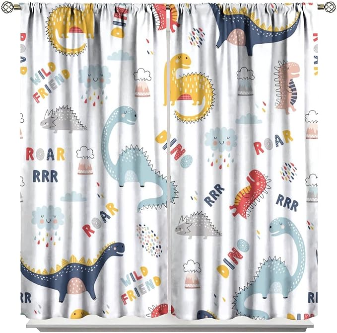 Cartoon Dinosaur Curtains for Kids Boys Girls Home Decor Colorful Cute Dino Animals Print Pattern Rod Pocket Blackout Window Drapes for Nursery Baby Bedroom Playroom W31.5xL72in 2 Panels