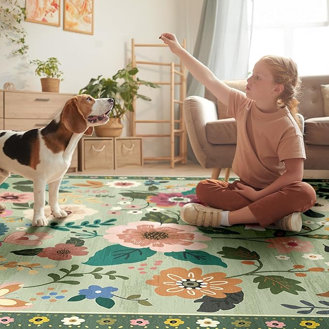 Floral 6x9 Area Rug Machine Washable Soft Print Boho Carpet Non Slip Doormat Low Pile Flower Area Rugs for Living Room Bedroom Nursery Kitchen Dining Room Indoor-Light Green