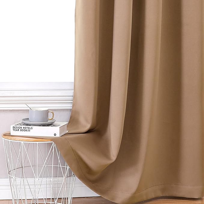 ChrisDowa 100% Blackout Curtains 63 inch Long for Bedroom with Black Liner, Extra Wide 2 Thick Layers Total Blackout Thermal Insulated Grommet Window Curtains 2 Panels Set (Cappuccino, 60 x 63 Inch)