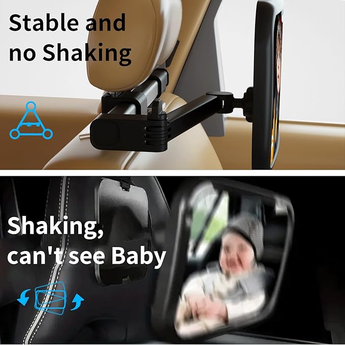 Baby Car Mirror Rear Facing, Safety Adjustable Car Seat Mirror for Baby Extendable Camera Monitor with Hook Clip Design Clear View ShatterProof + 2 Baby on Board Stickers,2 Seat Headrest Hook