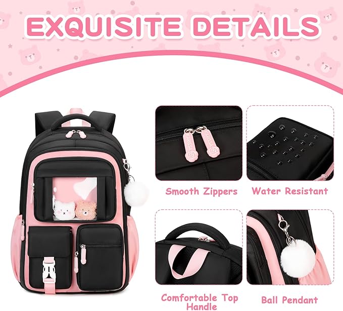 Kids Backpack for Girls School Bags for Middle School Students Book Bag for Elementary Primary Kawaii Ita Backpack, Black and Pink