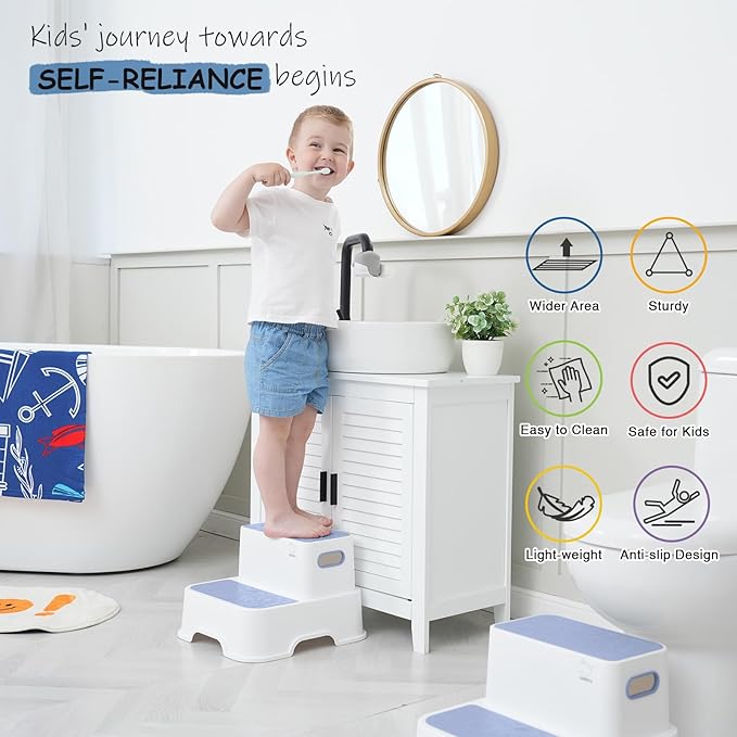 Blue Toddler Step Stool for Bathroom Sink, 2 Step Stool for Kids Kitchen Sink, Heavy Duty Stepping Stool for Toddlers Toilet Potty Training (2 Pack, White-Blue)