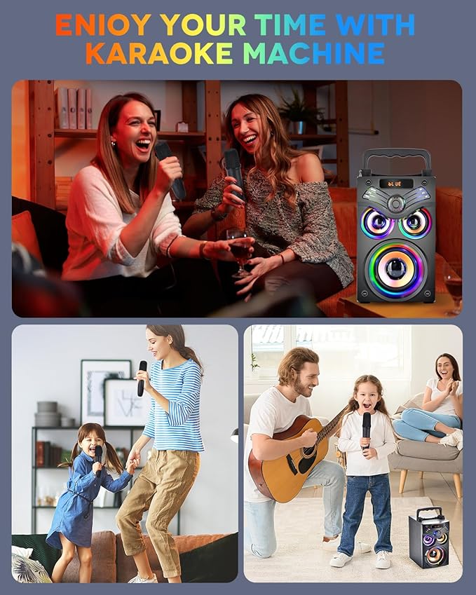 Karaoke Machine,Portable Bluetooth Karaoke Speaker with 2 Wireless Microphone for Adults Kids,with 20W(Peak) Speaker,Handle &RGB Lights,Supports TF Card/USB/Aux in/TWS,for Home,Party