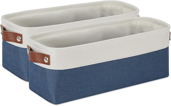 DULLEMELO Toilet Paper Baskets for Storage 15"x6"x5.5" Small Rectangular Baskets for Towels [2 Pack] Collapsible Fabric for Organizing Closet,Shelf,Toys (White&Blue)