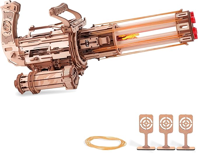 ROKR Gun 3D Puzzles for Adults, Wooden 3D Puzzle Rubber Bands Gun Toy, Rotating-Barrel Machine Gun, Wood Model Craft Kits, Cool Hobbies Birthday Gifts for Men Teen Boys 14+