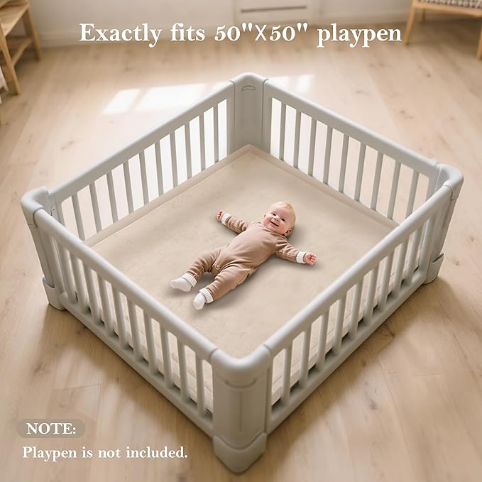 Baby Play Mat for Floor, 1.3" Thick Memory Foam Muscle Playpen Cushion, Soft Coral Velvet Tummy Time Mat with Non-Slip Backing, Water Repellent Child Nursery Rug for Toddlers, Kids (Beige, 39X59)