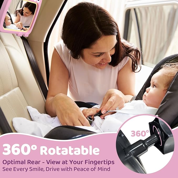 2-in-1 Baby Car Mirror with Lights & Soft Sounds, Cry Detector, Clear Night View, 360° Rotation, Shatterproof, Rear Facing Baby Car Seat Mirror with Remote Control, Perfect Baby Shower Gifts (Pink)
