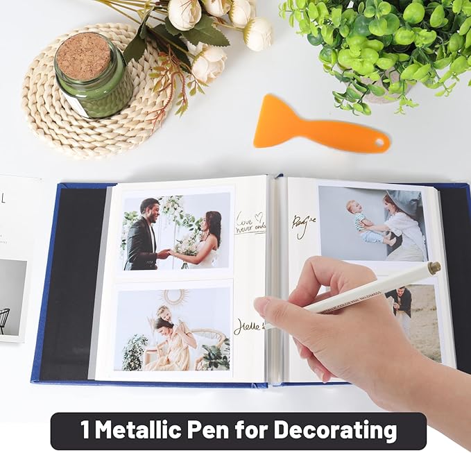 RECUTMS Small Photo Album Self Adhesive Scrapbook Magnetic Photo Albums for 4x6 5x7 8x10 Pictures for Baby Family Wedding 40 Pages with Metal Pen and Plastic Board (Blue)