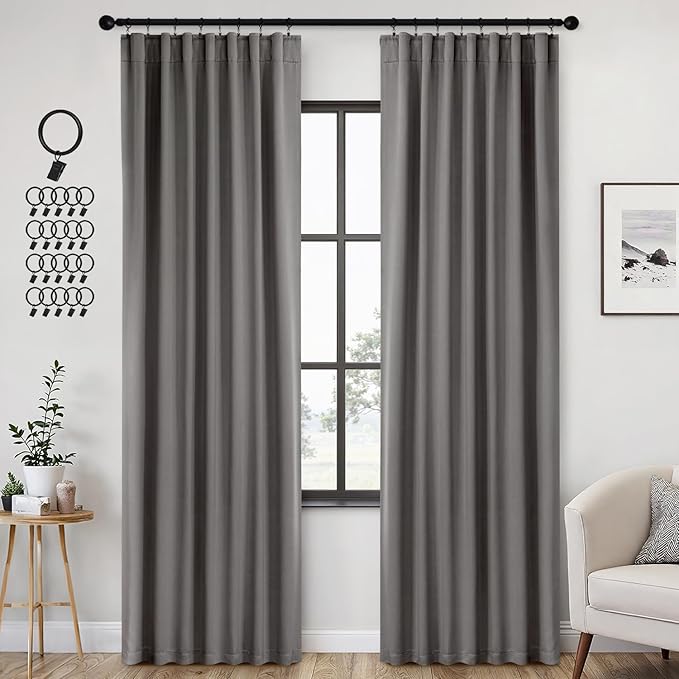 ANRODUO Back Tab Blackout Curtains for Bedroom Living Room, Rod Pocket Pinch Pleated Thermal Insulated Room Darkening Curtains 90 Inches Long 2 Panels, Grey, 42 x 90 Inch