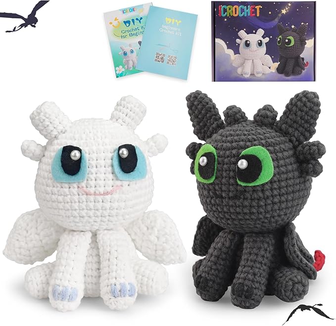 Crochet Kit for Beginners,Beginner Crocheting Animals Kits w Step-by-Step Video Tutorials, Knitting Starter Pack for Adults and Kids,2 Pack Dragon