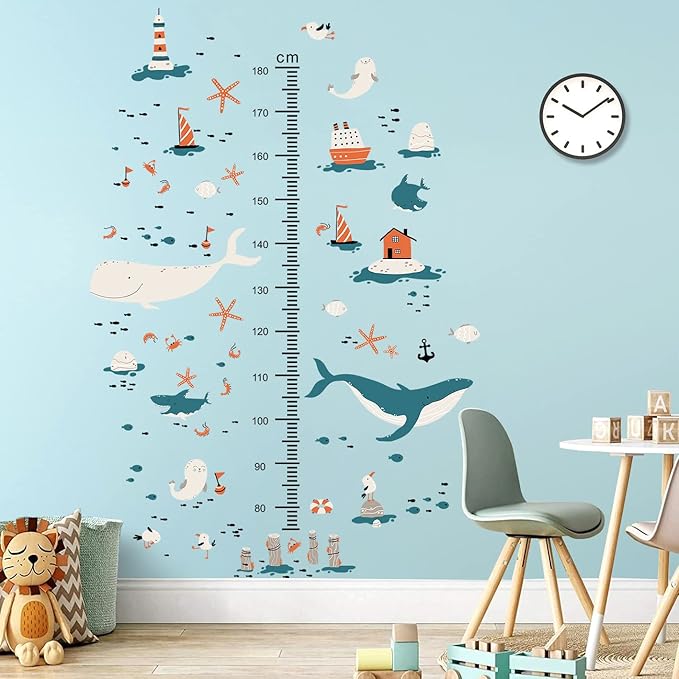 3D Cartoon Height Growth Chart for Kids Wall Decal Removable DIY Whale Ocean Animal Wall Decal Peel and Stick Sailing House Art Decor for Kids Nursery Bedroom Living Room Bathroom Decor