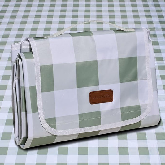 80"x60" Waterproof Sandproof Picnic Mat - Portable Foldable Outdoor Blanket for Beach, Park, Travel & Indoor Use - Lightweight Compact Design, Easy-Carry (Green&White)