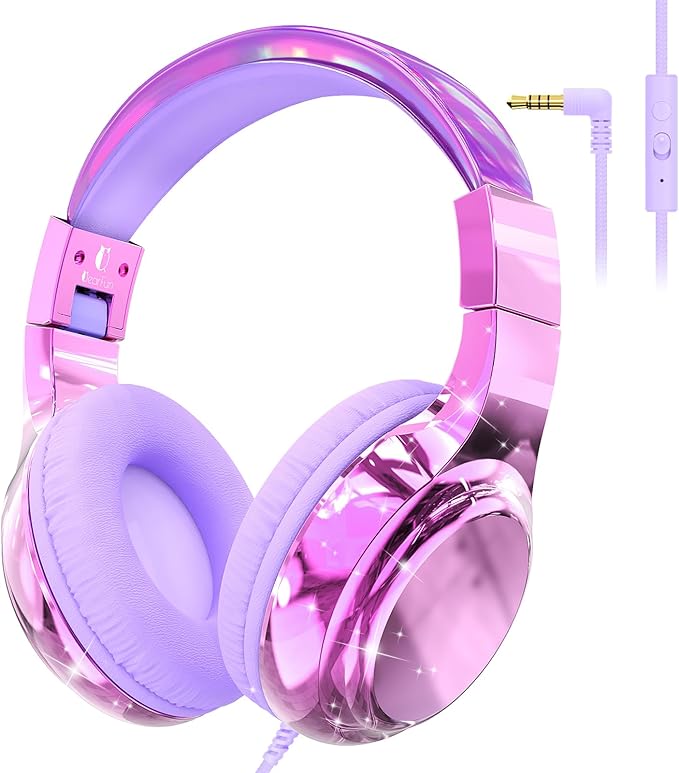 QearFun Kids Headphones Wired with Mic, 85/94dB Safe Volume Limit, Foldable Over Ear, Tangle-Free Cord & Sharing Port, Wired On-Ear Headset for School, Chromebook, Tablet, Travel - Boys & Girls