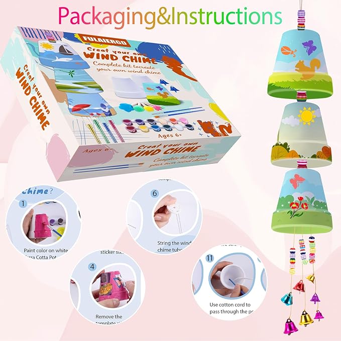 FULAIERGD 3 Pack Wind Chime Making Kit for Kids- Wind Chime Craft Painting Kit-Ceramic Pot, Bells, Stencils and Beads DIY Crafts Gifts for End of Year Student, Christmas, Birthday, Summer Decor