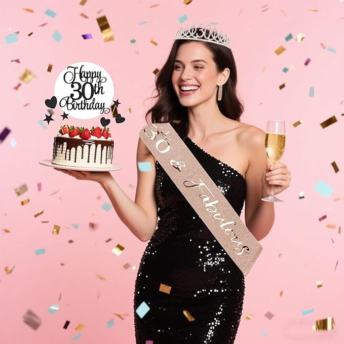 30th Birthday Decorations for Women - 56pcs Rose Gold Happy 30th Banner, 30th Birthday Crown Sash, Cake Topper, Number 30 balloons, 3D Butterflies, 4 Balloon Stands kits