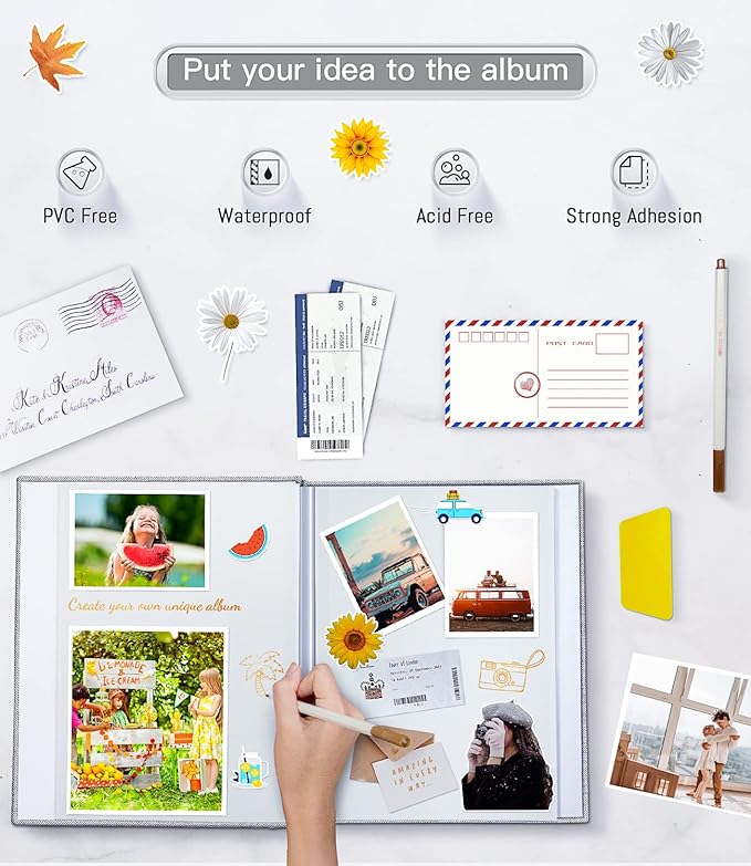 popotop Photo Album Self Adhesive with Picture Display Window,60 Pages DIY Scrapbooking Supplies Kit for 4x6 8x10 Picture,Linen Cover Memory Book for Baby Wedding, with Scraper and Metallic Pen