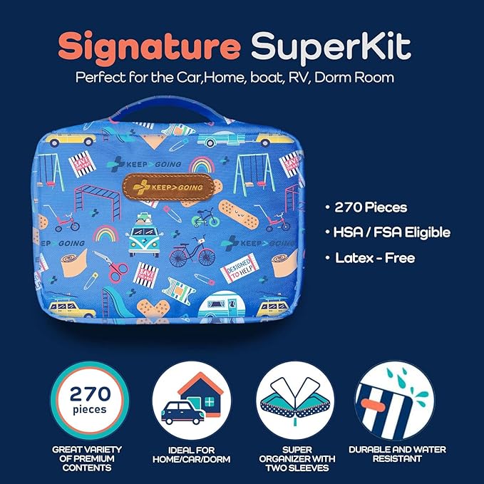 KeepGoing Large Home First Aid Kit for Kids – 270 Pc. for Car, Home, Dorm, & Boat with Latex-Free Bandages – 10 x 7 x 3.5 in. Travel First Aid Kit (Signature)