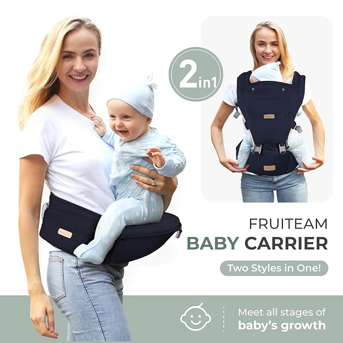 FRUITEAM Baby Carrier Newborn to Toddler, 6-in-1 Ergonomic & Adjustable Baby Carrier with Lumbar Support for All Seasons, Hands-Free, Adapt to Newborn, Infant & Toddler (Navy)