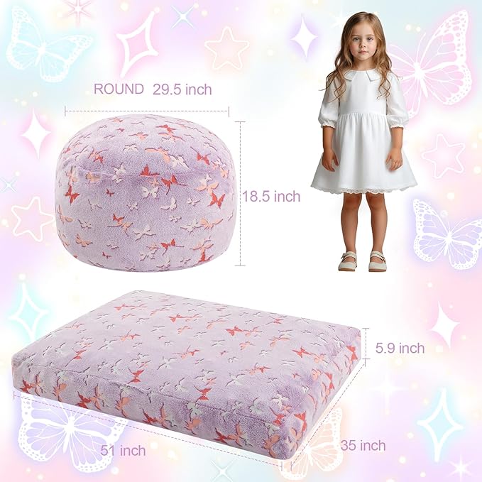 COMAX Kids Bean Bag Chair Turn into Beanbag Bed, Toddler Bean Chair for Girl Boy Sleeping, Lazy Children Bean Bags with Filler, Convertible Child Floor Mattress, Purple Butterfly