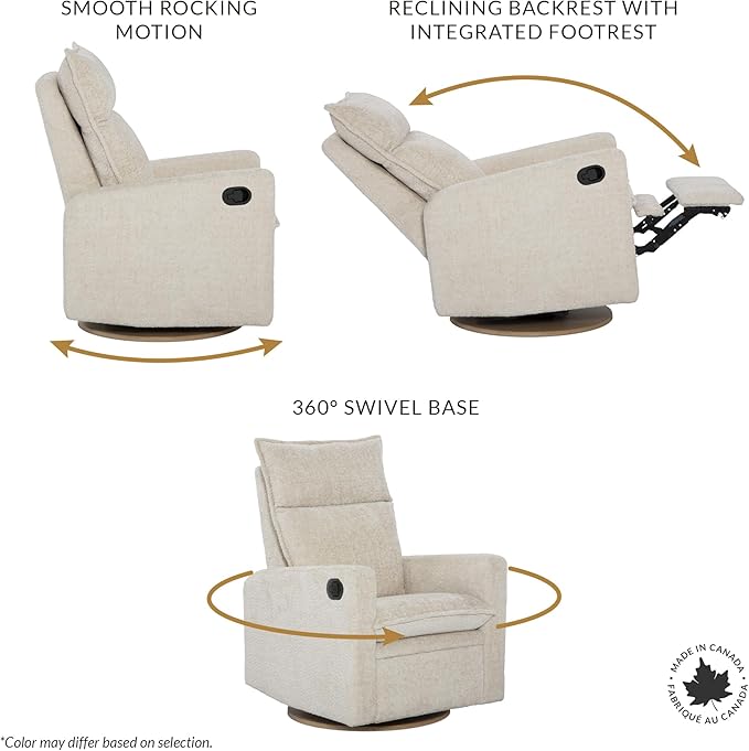 Arya Modern Nursery Glider Recliner Chair – Cozy Nursing Chair with 360° Swivel for New Parents, Gentle Motion, Compact Design, High Back & Low Armrests, Canadian Made (Vanilla/Beyond Sheep Fabric)