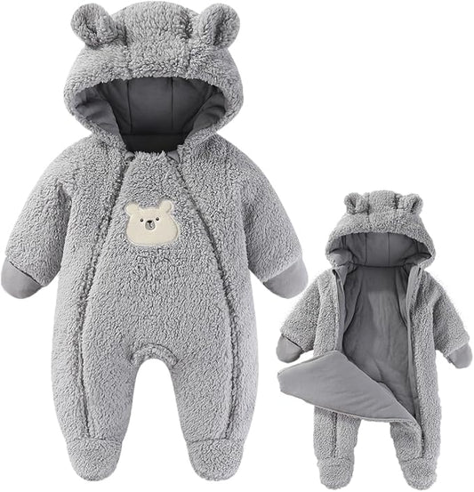 Fairy Baby Newborn Baby Winter Snowsuit Bear Thick Romper Footie Double Zip Hooded Jumpsuit Fleece Coat Infant Boy Girl 0-12M