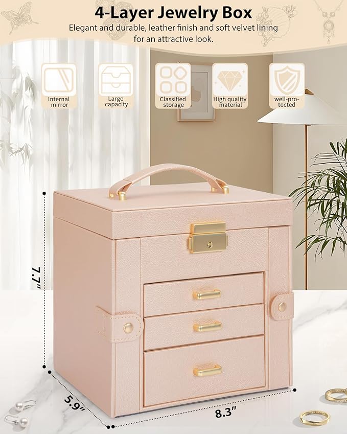 AKOZLIN 4-Tier Jewelry Box Leather Jewelry Storage Organizer with 3 Drawers Lockable for Women Girls Ring Necklace Earring Bracelet Holder with Mirror Champagne
