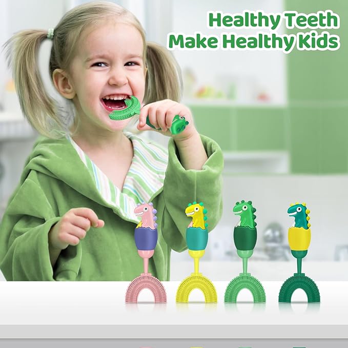 U-Shaped Toothbrush for Kids Ages 2-7， Soft Food-Grade Silicone for Sensitive Gums， 360° Teeth Cleaning Design，Training & Travel-Friendly Toddlers' Toothbrush (Yellow)