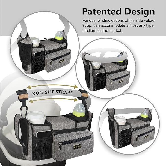 TOPDesign Universal Baby Stroller Organizer, Stroller Caddy with Heightened Insulated Cup Holders & Non-Slip Secure Hooks Accessories, Fits Most Strollers, Machine Washable (Baroque Gold)