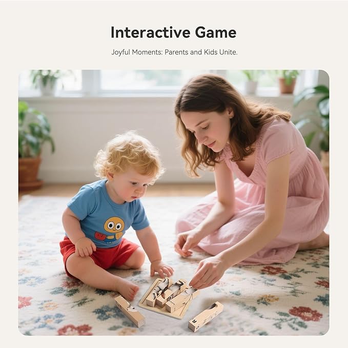 IEATFO 4 in 1 Wooden Animal Chunky Puzzle, 5 Solid Wood Puzzle Blocks with 4 Sides Realistic Forest Animals, Wooden Block Puzzle with Durable Base for Toddlers 3+ Years - Montessori Inspired