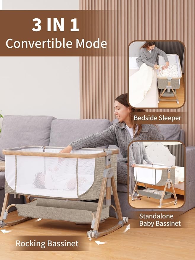 Baby Bassinet, Bassinet Bedside Sleeper with Waterproof Bassinet Sheets and Soft Mattress, Safe Adjustable Height Bedside Bassinets with Wheels, Girl/Boy Bassinets, Khaki