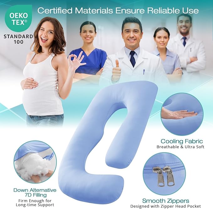 Sasttie Pregnancy Pillows for Sleeping, U Shaped Cooling Full Body Pillow with Removable Cover, Pregnant Women Must Haves, Maternity Essential, Light Blue
