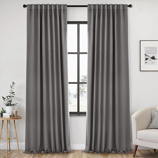 ANRODUO Back Tab Blackout Curtains for Bedroom Living Room, Rod Pocket Pinch Pleated Thermal Insulated Room Darkening Curtains 120 Inches Long 2 Panels, Grey, 52 x 120 Inch