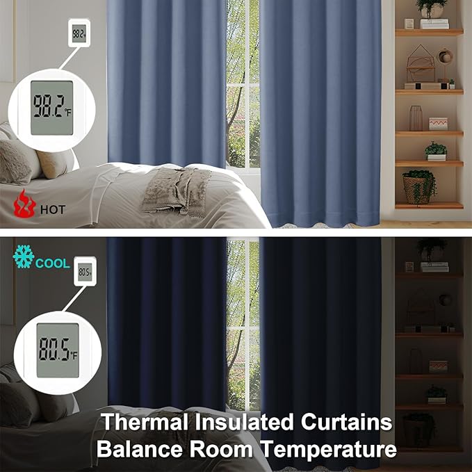 Simplebrand Ava Denim Blue Blackout Curtains for Bedroom 72 Inch Length 2 Panels, Privacy Thermal Insulated Rod Pocket Door Window Curtains for Patio French Door Front Door, W40 x L72 Inch, Denim Blue