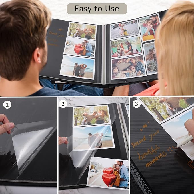 RECUTMS Magnetic Self-Stick Photo Album, DIY Scrapbook 60 Pages Black Inner Page Leather Cover for Wedding Baby Family Graduation Photo Album Holds 3x5 4x6 5x7 6x8 8x10 Photos