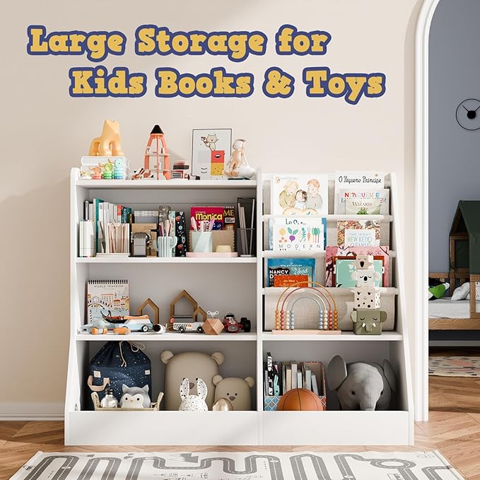 39" Large Kids Wooden Bookshelf and Toy Storage Organizer, Baby Bookcase with Sling Book Rack, Children Toddler Wooden Book Shelf for Kids Rooms, Playroom, Classroom, Nursery, School (White)