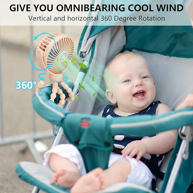 snawowo Mini Portable Baby Stroller Fan, Battery Operated Clip on Fan, Rechargeable 360° Rotate Flexible Tripod Handheld Cooling for Car Seat Crib Treadmill Travel（Pink）