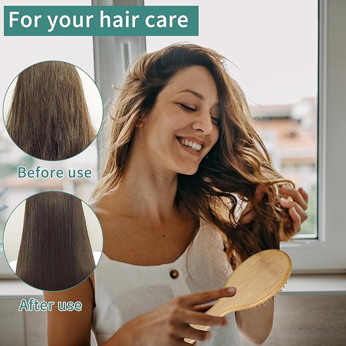 Bamboo Hair Brush Set - Natural Bamboo Paddle Detangling Hairbrush and Comb Set, Suit for Thick/Thin -Gift for Women Men and Kids