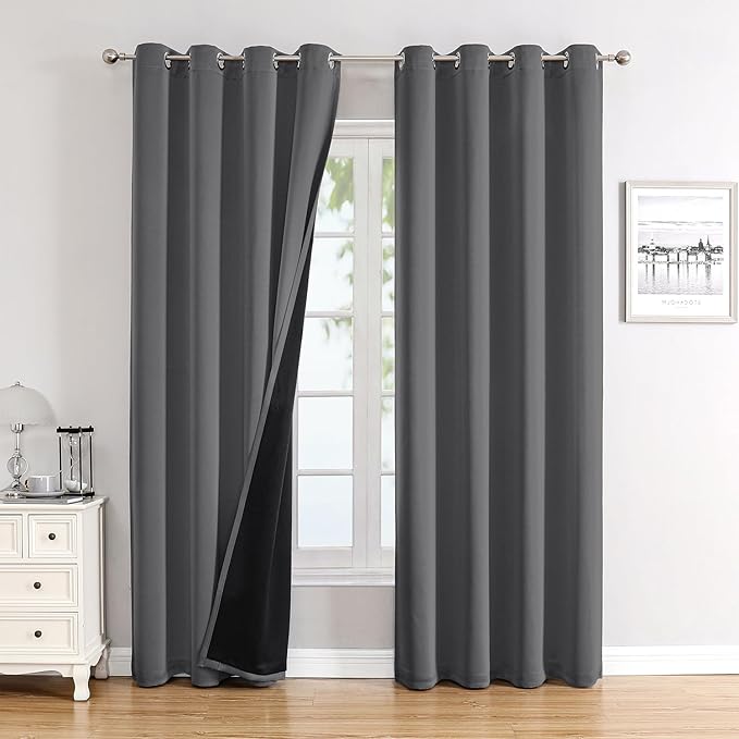 ChrisDowa 100% Blackout Curtains for Bedroom with Black Liner, 2 Thick Layers Total Blackout Thermal Insulated Grommet Window Curtains 2 Panels Set (Grey, 52 x 84 Inch)
