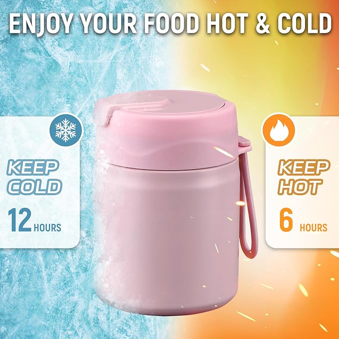 17oz Soup Thermo for Hot Food Kids Insulated Vacuum Food Jar with Stainless Steel Spoon Wide Mouth Thermo Leakproof Lunch Food Container Kids Hot Lunch Box (Pink-Rainbow)