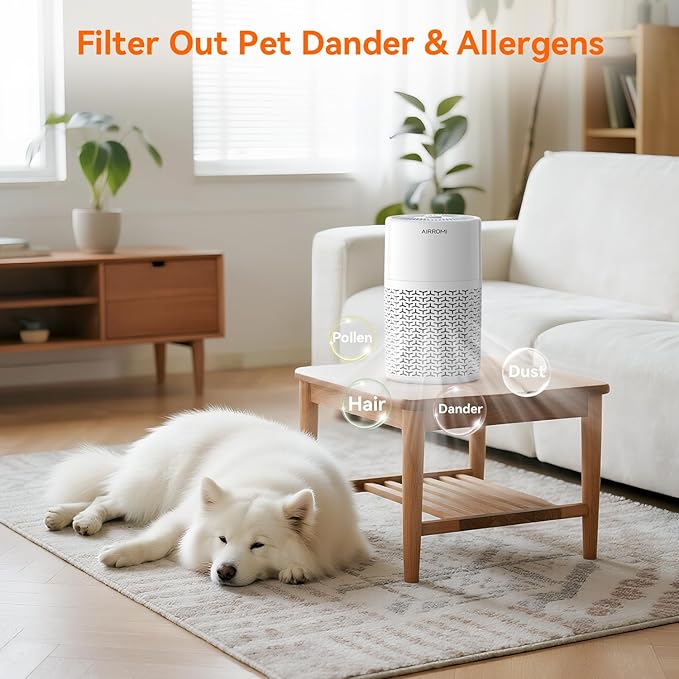 AIRROMI Pets Air Purifier for Home Allergies,Up to 660 ft².Yellow Deodorizing Activated Carbon Filter,With Fragrance Sponge for Better Sleep,Night Light,Pet Dander,Smoke,Odors,Air Cleaner A2002 White