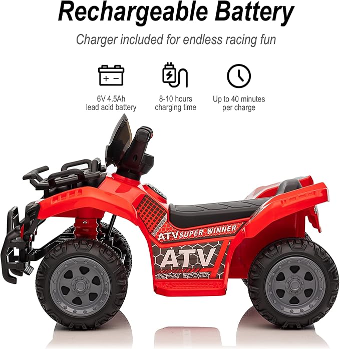 Kids ATV 4 Wheeler, 6V Ride-On Toy for Toddlers Boys & Girls with Music, Forward & Reverse - Red