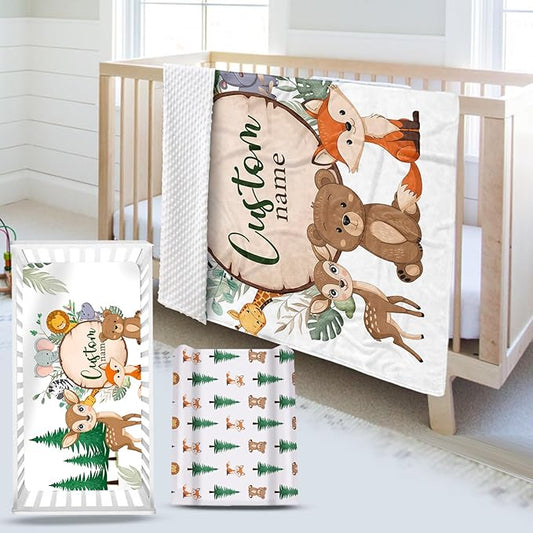 Custom Name Crib Bedding Set - Animal Theme, Personalized Nursery Bedding 3-Piece Set– Soft Blanket, Fitted Sheet, Changing Pad Cover – for Newborns Boys Girls Nursery Gifts