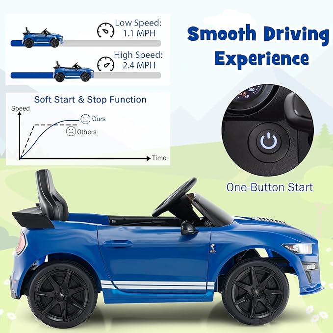 Costzon Ride on Car, 12V Licensed Ford Mustang Shelby GT500 Kids' Electric Vehicles w/Remote Control, USB Port, Radio, Music, Player, High Low Speed & Soft Start, Racing Kids Car for Toddler (Blue)